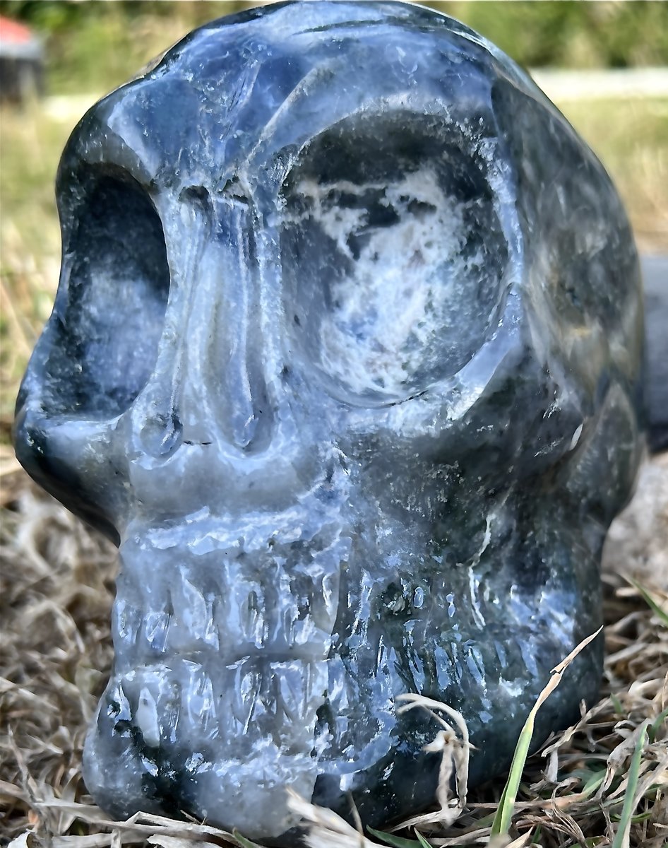 Large Green/Blue Moss Agate Hand Carved Skull