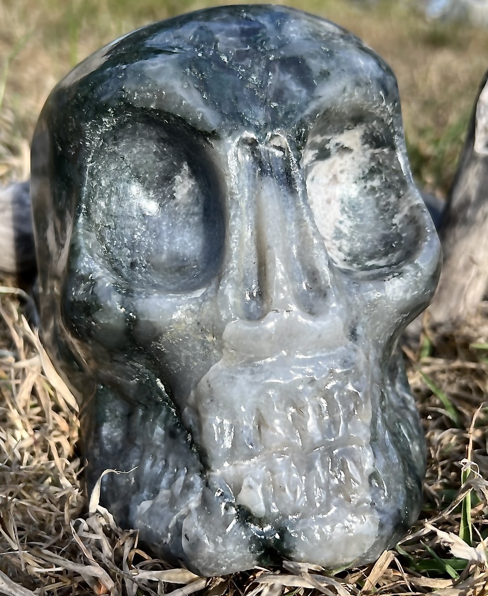 Large Green/Blue Moss Agate Hand Carved Skull