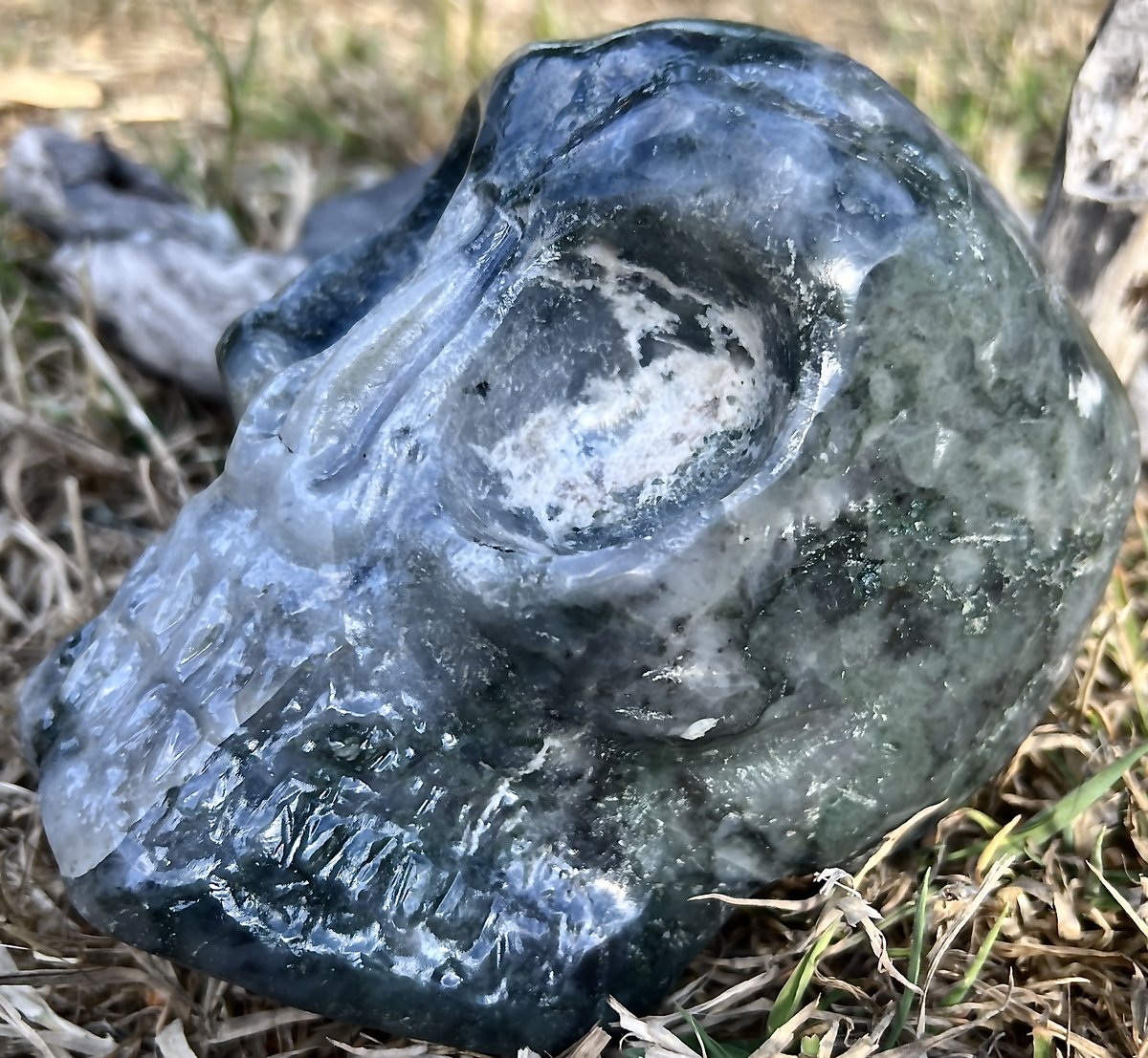 Large Green/Blue Moss Agate Hand Carved Skull